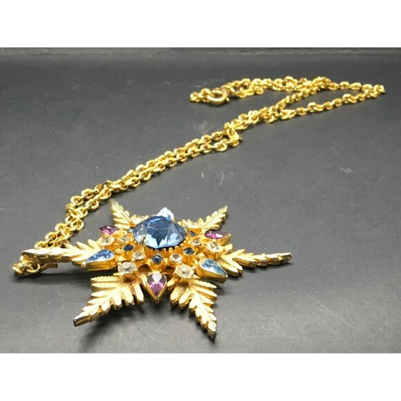 Snowflake  Pendant Necklace Rhinestones Gold Tone  Blue Purple Winter Star - Picture 2 of 4